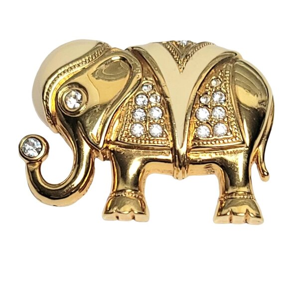 Vintage KJL For Avon Cream Enamel Clear Rhinestone Elephant Brooch Pendant - Picture 1 of 10